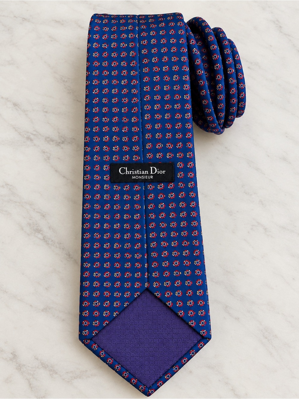 Vintage Christian Dior Monsieur Woven Italian Silk Tie Blue Red Geometric 58”